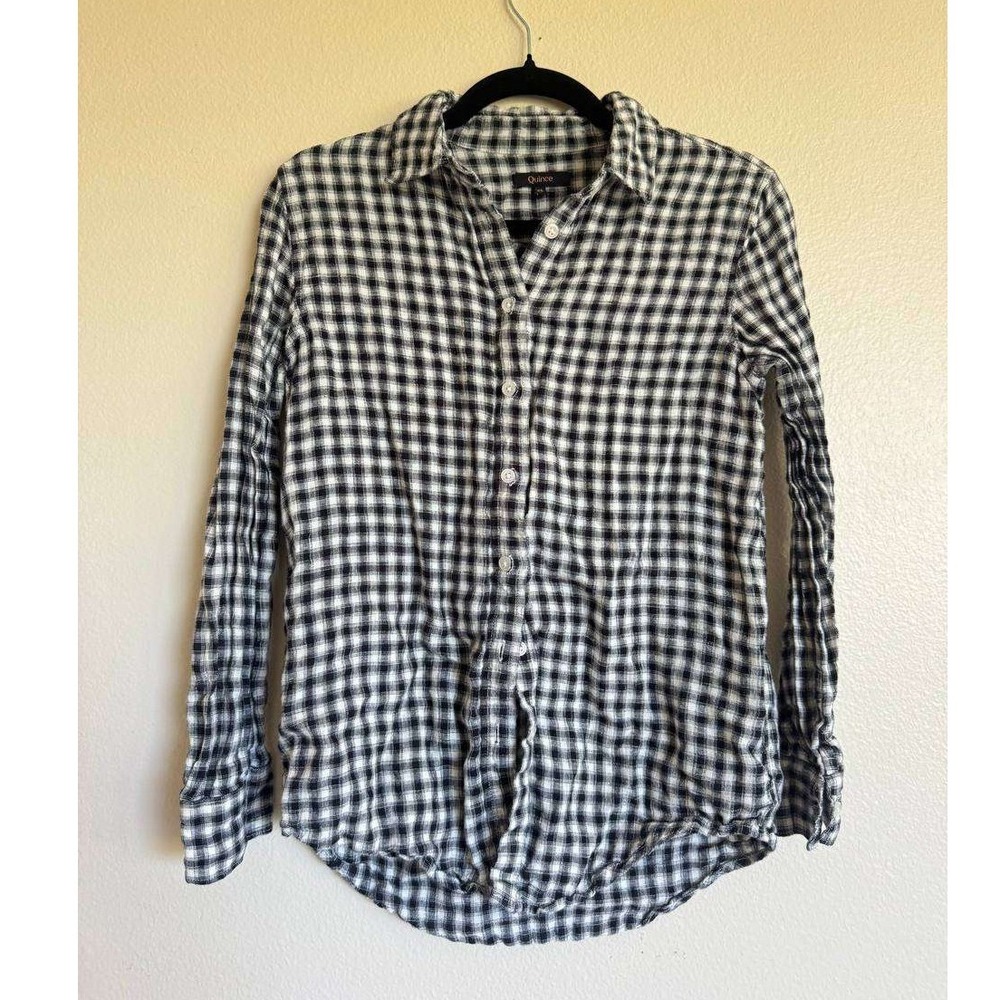 Quince Black White Gingham Linen Shirt XS Coastal Euro Summer Scandi Cotton Cozy